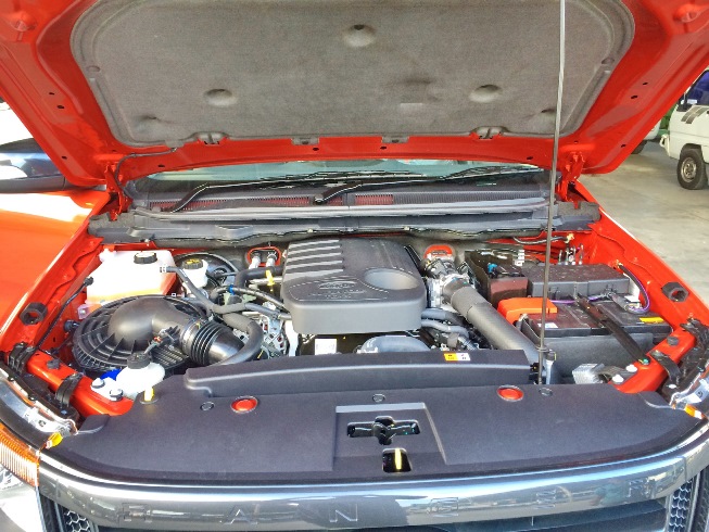 Orange Ford Ranger Wildtrak bonnet open